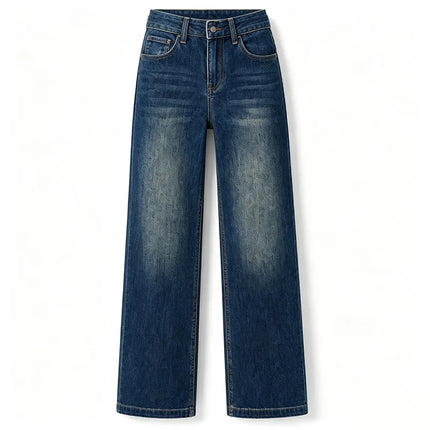 Women's High-Waisted Wide-Leg Jeans, Trendy Vintage Wash Design with Heart Pockets, Casual Y2K Style Denim Pants, Comfortable Fit Without Belt, Durable Denim Fabric That Flatters the Figure, Versatile Cut, Yw-1892