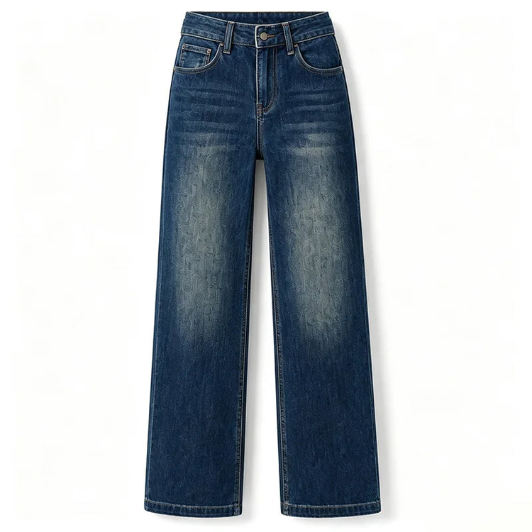 Women's High-Waisted Wide-Leg Jeans, Trendy Vintage Wash Design with Heart Pockets, Casual Y2K Style Denim Pants, Comfortable Fit Without Belt, Durable Denim Fabric That Flatters the Figure, Versatile Cut, Yw-1892