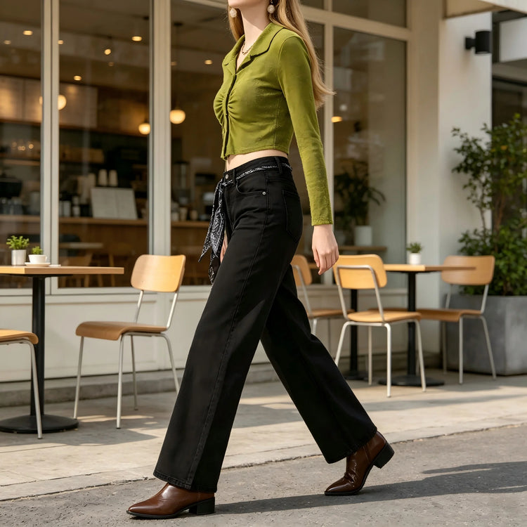 Women's High-Waisted Wide-Leg Black Jeans, Dark Wash, Comfortable Fit, Stylish Casual Streetwear, Trendy Vintage Cut, Loose-Fit Pants That Slim the Figure, Ideal for Outings, Leisure, and Daily Wear Fx1338-1