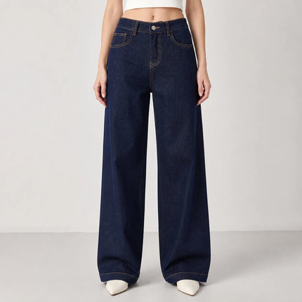 Women's High-Waisted Wide-Leg Jeans, Loose Fit with Classic Pockets, Urban Casual Style, Dark Blue Denim Pants for Modern Everyday Look Yw-1192J