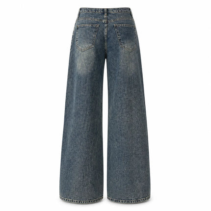 Women's Wide Leg Jeans with Distressed Waist, Blue Denim with Vintage Texture Effect, Crossed Oblique Closure, Loose Fit for Leg Shaping, Y2K Streetwear Style, Ideal for Outings, Urban Life, Dates, Spring Summer Autumn Winter