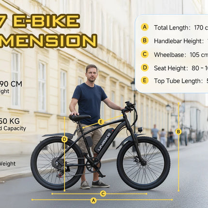 Bicicletta elettrica Aairsk Q7 con motore da 250W, batteria rimovibile da 36V 10Ah, velocità massima di 25 km/h, doppia sospensione e autonomia da 45 a 75 km per carica. Bicicletta elettrica per adulti.