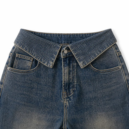 Women's High Waist Wide Leg Jeans with Rhinestone Flap and Engraved Pattern, Vintage Washed Denim, Loose Fit Shaping Legs, Y2K Glamour Style, Shiny Details, Ideal for Evening Outings, Parties, Dates Jf526
