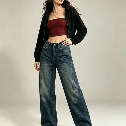 Women's Loose-Fitting Dark Blue Barrel-Leg Jeans, Denim with Decorative Stitching, Trendy High-Waisted Design, Casual Urban Streetwear Style, Durable Fabric, Comfortable Fit That Enhances Your Silhouette, Maximum Freedom of M