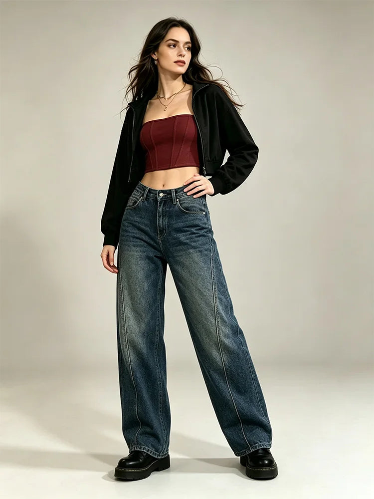 Women's Loose-Fitting Dark Blue Barrel-Leg Jeans, Denim with Decorative Stitching, Trendy High-Waisted Design, Casual Urban Streetwear Style, Durable Fabric, Comfortable Fit That Enhances Your Silhouette, Maximum Freedom of M