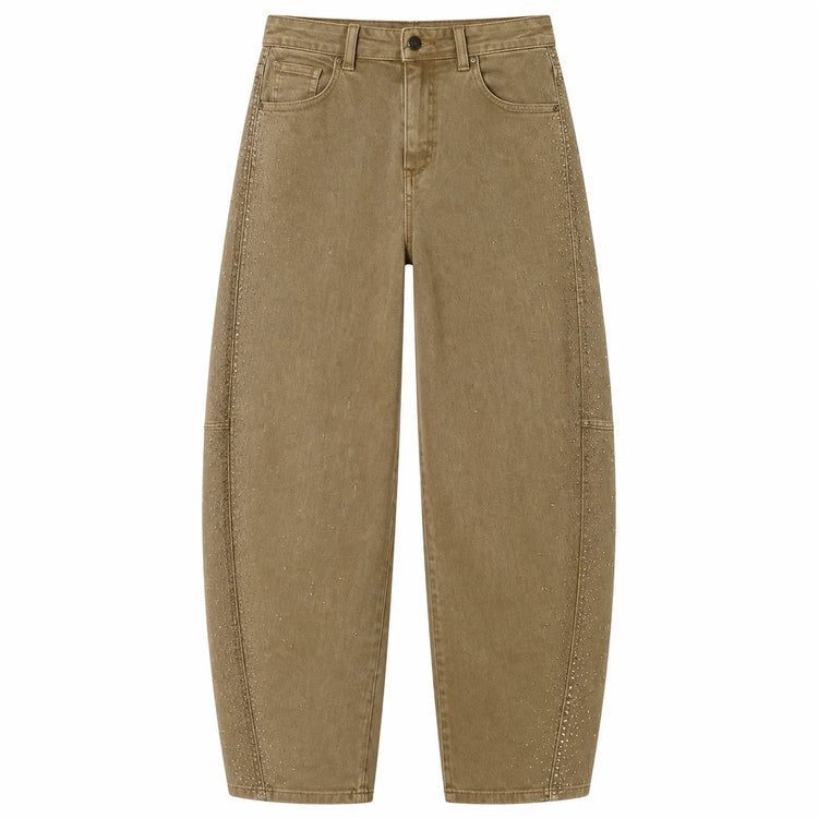 Barrel Women's Jeans High Waist Denim Washed Khaki Shaded Rhinestones Side pants Wide Curved Balloon Streetwear Retro Glam Look For City Out And Leisure FX5429-5