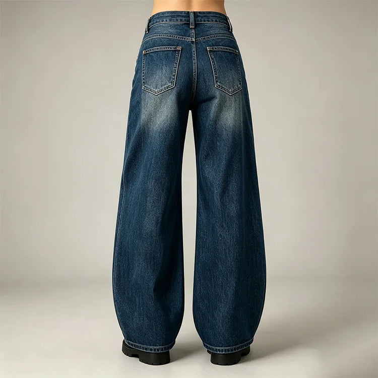 Women's Loose-Fitting Dark Blue Barrel-Leg Jeans, Denim with Decorative Stitching, Trendy High-Waisted Design, Casual Urban Streetwear Style, Durable Fabric, Comfortable Fit That Enhances Your Silhouette, Maximum Freedom of M