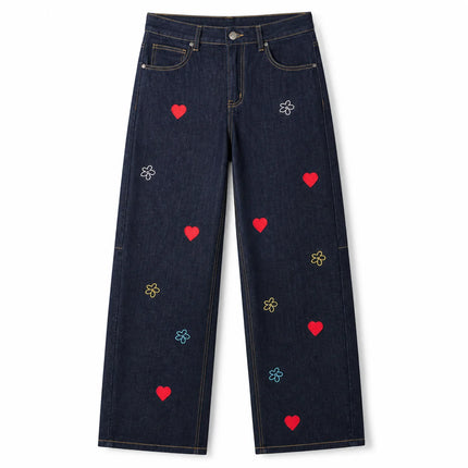 Women's High-Waisted Wide-Leg Black Jeans with Trendy Colorful Heart and Flower Embroidery, Durable Denim with a Flowy Fit, Loose-Cut Pants That Flatter the Figure, Casual Urban Streetwear Style, Original Embellished Design,