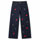Women's High-Waisted Wide-Leg Black Jeans with Trendy Colorful Heart and Flower Embroidery, Durable Denim with a Flowy Fit, Loose-Cut Pants That Flatter the Figure, Casual Urban Streetwear Style, Original Embellished Design,