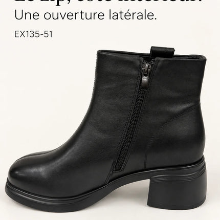 Bel Chou's EX135-51 Women's Black Block Heel Ankle Boots with Inner Zip and Decorative Button