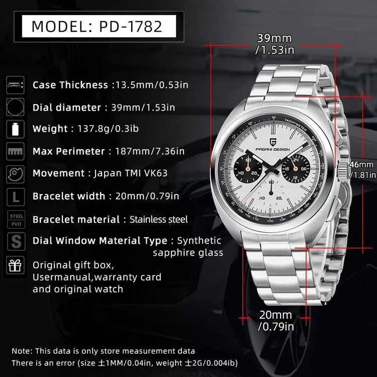 PAGANI DESIGN Nuovo Orologio da Uomo Turtle Back Cronografo al Quarzo con Vetro Zaffiro e Bracciale, Movimento Giapponese VK63, Spedizione Locale