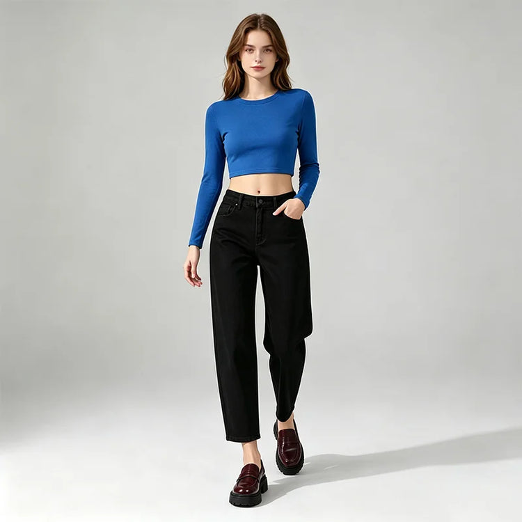 Black Black woman Balloon Jeans High Waist Dark Wash Soft Fit Loose Pockets Classic Casual Urban Streetwear Curled Silhouette Ideal For Daily Outfits Outings FX5314-3