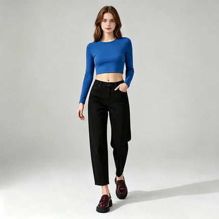 Black Black woman Balloon Jeans High Waist Dark Wash Soft Fit Loose Pockets Classic Casual Urban Streetwear Curled Silhouette Ideal For Daily Outfits Outings FX5314-3