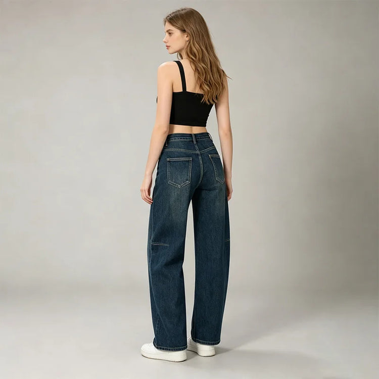 Dark Blue woman Jeans Balloon High Waist Panel Stitching Denim Loose Fit Loose Pockets Urban Streetwear Casual Look Trendy Fashion Outfits Daily Outlets FX5243-5