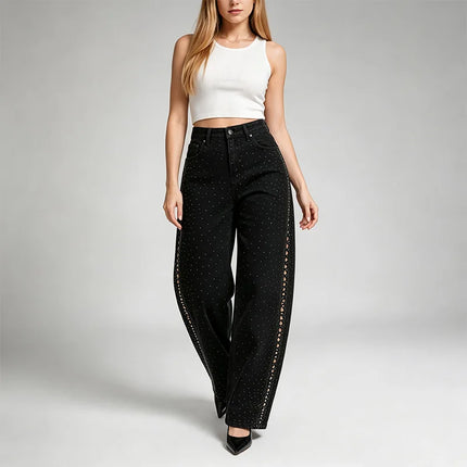 Women's Banana High Waist Denim Jeans Black Washed Rhinestones Decorative pants Wings Wide Glitter Streetwear For Urban Releases Look Fashion Glam FX5429-1