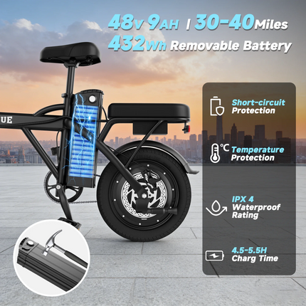 Bicicletta Elettrica a Due Ruote X14 500W 48V 9AH con Sedili Confortevoli, Velocità Massima di 35 km/h, Autonomia di 65 km, Batteria Rimovibile, Ideale per Viaggi di Fine Settimana - Disponibile in Magazzino UE
