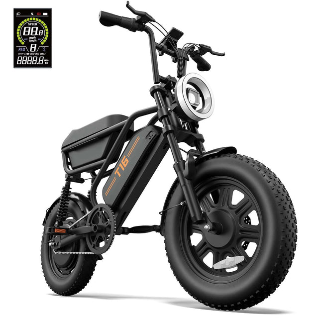 Urlife T16 Electric Mountain Bike with 16"x 3" Fat Tires, W Peak Motor, 48V Battery, Portable Dual Suspension for Gear Shifting, and Storage Compartment on Luggage Rack.
