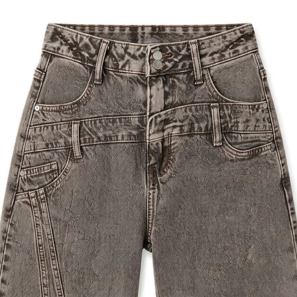 Women's Loose Barrel-Cut Jeans in Grey Acid Wash with Floral Print, Asymmetrical Stitching, Trendy High-Waisted Design, Urban Grunge Streetwear Style, Comfortable Pants, Durable Denim Fabric That Enhances the Silhouette, Fx53