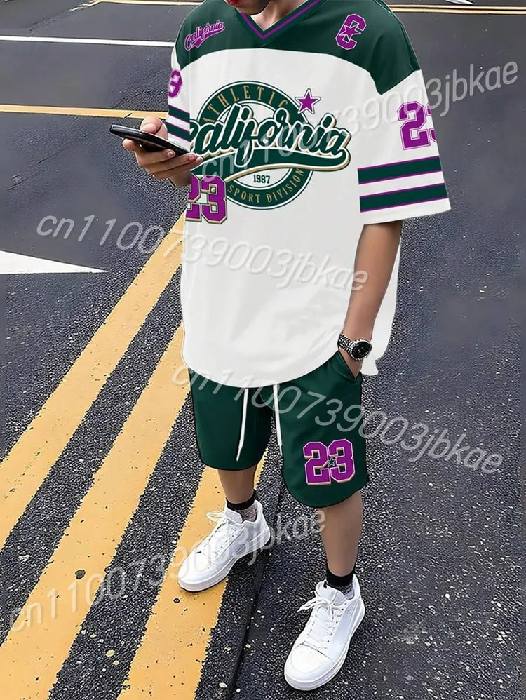 T-shirt e pantaloncini a maniche corte CALIFORN NO.23 da uomo Set t-shirt da donna a maniche corte con scollo a V sfumato