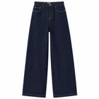 Women's Wide Leg High Waist Dark Blue Raw Denim Jeans, Yellow Contrast Stitching, Loose Fit, Leg-Shaping, Elegant Vintage Minimal Style, Ideal for Urban Outings, Work, Dates Yw‑1192J
