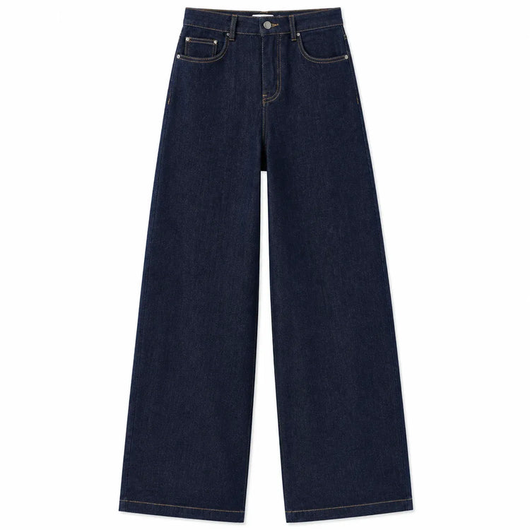 Women's Wide Leg High Waist Dark Blue Raw Denim Jeans, Yellow Contrast Stitching, Loose Fit, Leg-Shaping, Elegant Vintage Minimal Style, Ideal for Urban Outings, Work, Dates Yw‑1192J