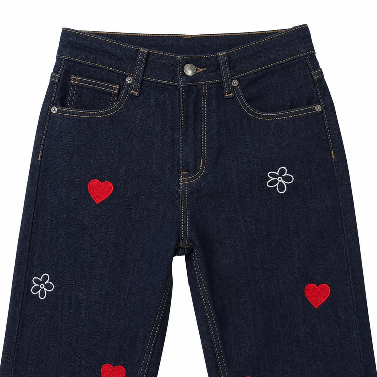 Women's High-Waisted Wide-Leg Black Jeans with Trendy Colorful Heart and Flower Embroidery, Durable Denim with a Flowy Fit, Loose-Cut Pants That Flatter the Figure, Casual Urban Streetwear Style, Original Embellished Design,