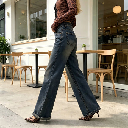 Women's High-Waisted Wide-Leg Jeans in Blue and Black Vintage Style, Loose Fit with Cuffed Hem, Elegant Casual Streetwear Pants, Retro Distressed Wash That Enhances the Silhouette, Flowy Cut That Elongates the Legs, Jf526