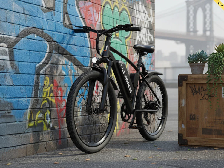 Bicicletta elettrica Aairsk Q7 con motore da 250W, batteria rimovibile da 36V 10Ah, velocità massima di 25 km/h, doppia sospensione e autonomia da 45 a 75 km per carica. Bicicletta elettrica per adulti.