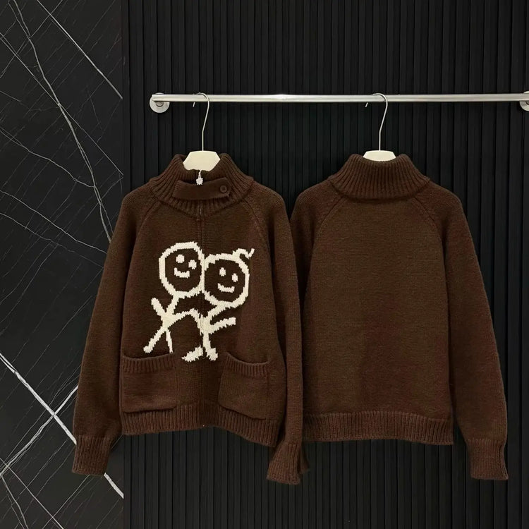 Vintage Streetwear Women Zip‑Up Knit Cardigan Stand Collar Loose Long‑Sleeve Knitwear With Pockets Casual Autumn Winter Outerwear For Ladies
