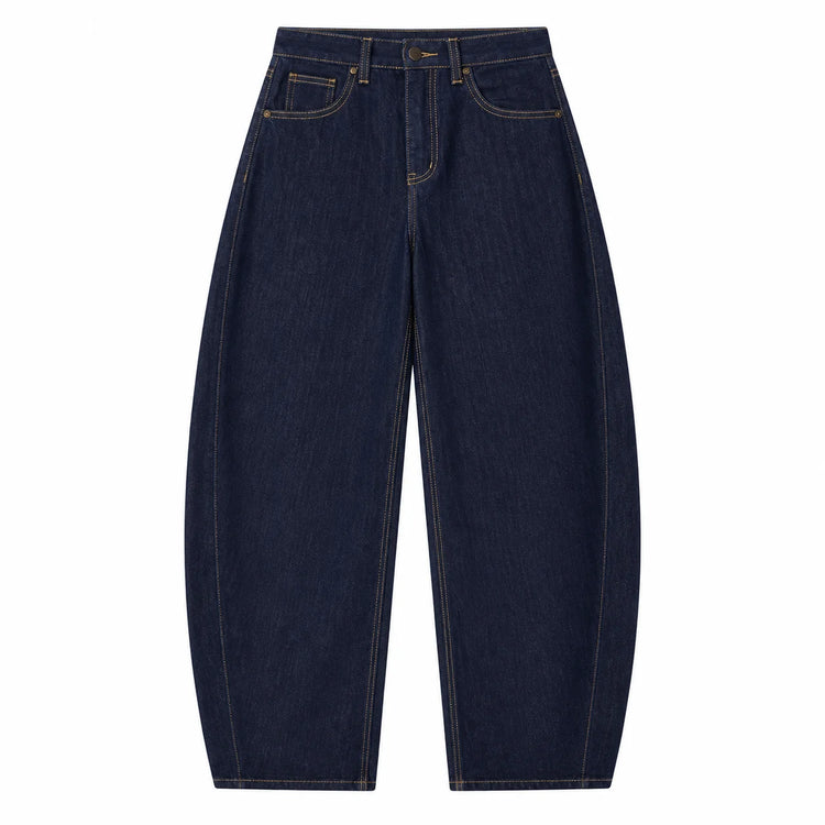 Women’s high-waisted barrel jeans, Y2K-style unwashed dark blue denim, large trousers with contrast stitching, comfortable casual streetwear fit, sizes XS–XL sold individually FX5379-6