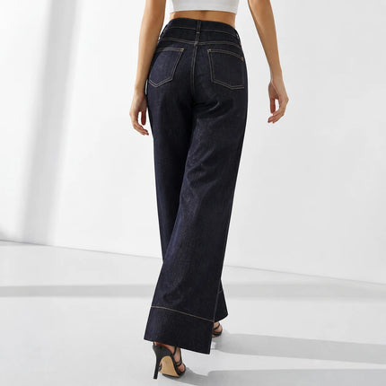 Women's Jeans High Waist Wide Leg Denim Dark Black Seams Contrasting Detail Central Stitching Comfortable Casual For Work And Evening Outings YW‑1882