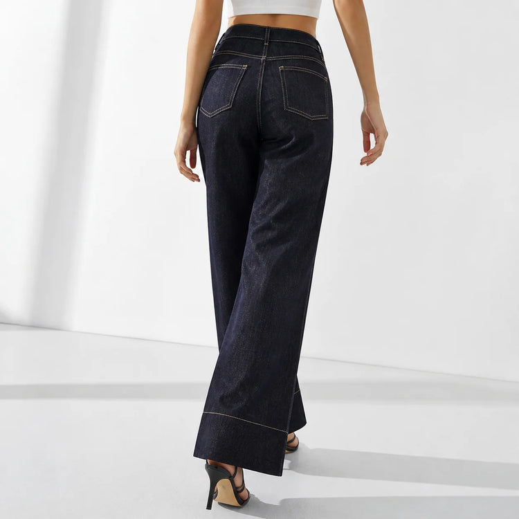 Women's Jeans High Waist Wide Leg Denim Dark Black Seams Contrasting Detail Central Stitching Comfortable Casual For Work And Evening Outings YW‑1882
