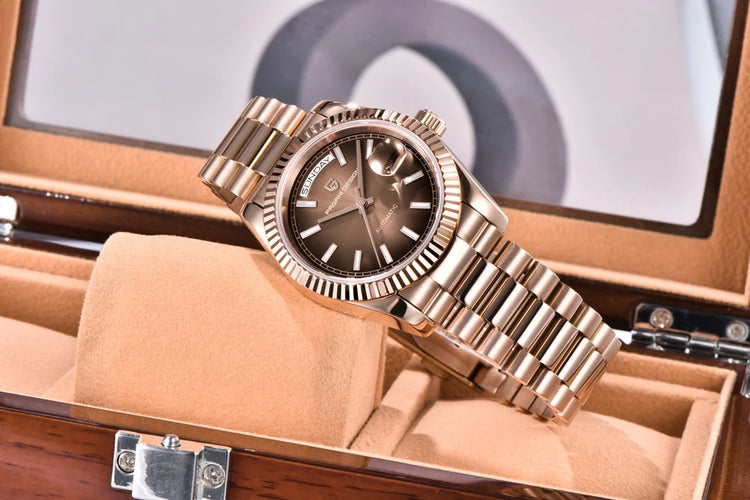 Nuovo orologio da uomo DESIGN PAGANI, orologio automatico di lusso in oro rosa per uomo, orologi meccanici con bracciale, specchio in zaffiro AR, impermeabile, con data, regalo per uomo d'affari