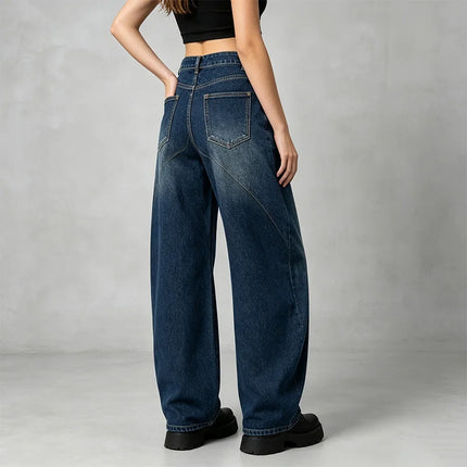 Asymmetric Cross Waist woman Wide Barrel Leg Jeans Dark Blue Denim Vintage Wash Streetwear trousers Shaped Stitching Wide Fit Comfortable Urban Look Daily Fashion Outings YW-1668