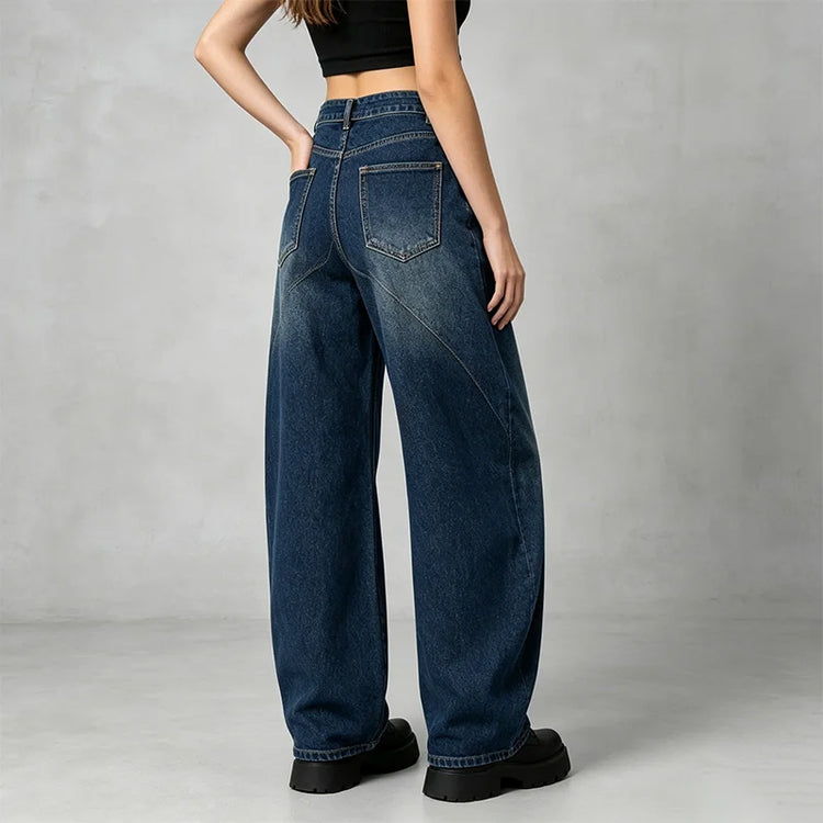 Asymmetric Cross Waist woman Wide Barrel Leg Jeans Dark Blue Denim Vintage Wash Streetwear trousers Shaped Stitching Wide Fit Comfortable Urban Look Daily Fashion Outings YW-1668