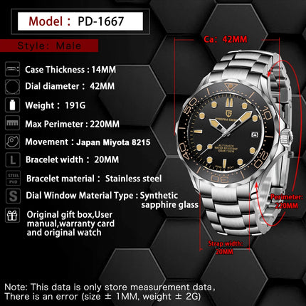 Orologi da uomo PAGANI DESIGN, orologio meccanico automatico di lusso, orologio da uomo resistente all'acqua, vetro zaffiro AR, orologio leggero, spedizione locale UE