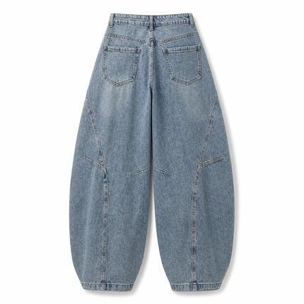 Y2K women’s cross-waist baggy jeans, light-wash effect wide-leg denim trousers with decorative rips and asymmetrical stitching, streetwear style, sizes XS‑S‑M‑L YW1587