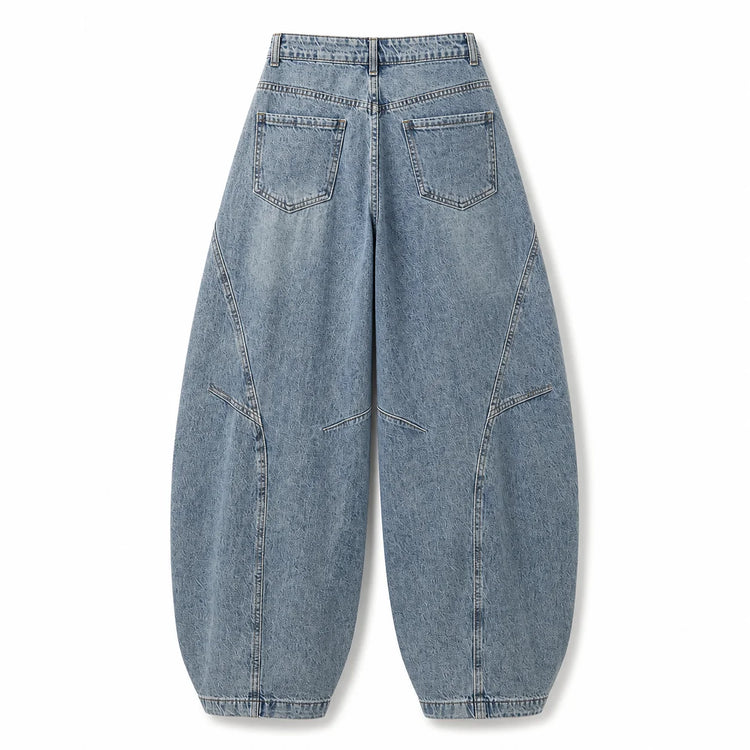 Y2K women’s cross-waist baggy jeans, light-wash effect wide-leg denim trousers with decorative rips and asymmetrical stitching, streetwear style, sizes XS‑S‑M‑L YW1587