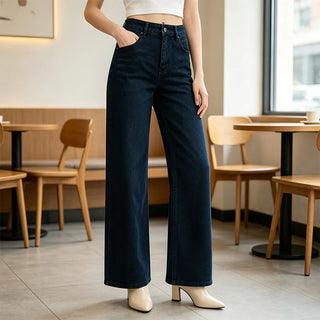 Women's Wide-Leg High-Waisted Dark Denim Jeans with Enzyme Wash, Trendy Slimming Loose Cut, Comfortable Fit That Enhances the Silhouette, Versatile Elegant Casual Style, Durable Pants, Ideal for Fx1338-7