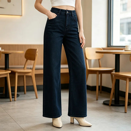 Women's Wide-Leg High-Waisted Dark Denim Jeans with Enzyme Wash, Trendy Slimming Loose Cut, Comfortable Fit That Enhances the Silhouette, Versatile Elegant Casual Style, Durable Pants, Ideal for Fx1338-7