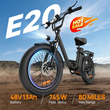 URLIFE E20 Bici Elettrica 1000W, Batteria 48V 13Ah, 25KM/H, Autonomia 80KM, Pneumatici Fat 20X3", E-Moped Elettrico per Adulti, per Pendolarismo Urbano e Tutti i Terreni