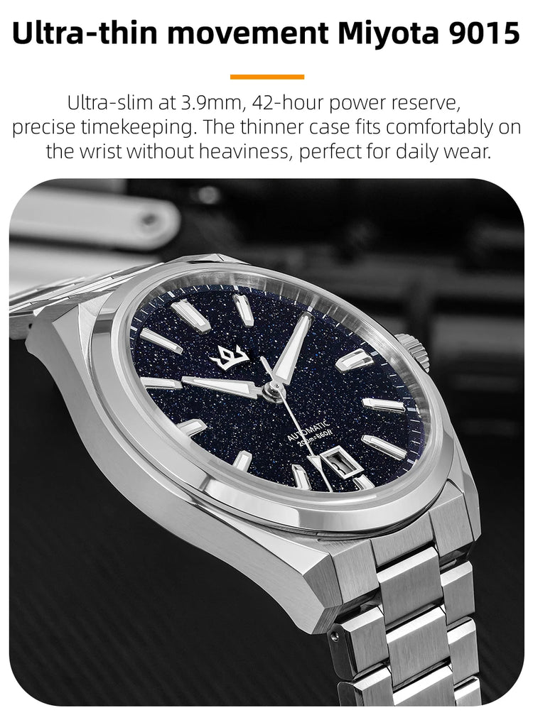 ADDIESKIN K010 Men's Automatic Watch Natural Stone Dial Tiger Eye Turquoise Goldstone Sapphire Crystal Miyota 9015 BGW9 Luminous