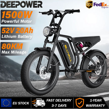 Bicicletta Elettrica DEEPOWER SU8 per Tutti i Terreni, Motore Brushless ad Alte Prestazioni da 1500W, Batteria Rimovibile ad Alte Prestazioni da 52V 20Ah, Bici Elettrica per Adulti con Freni Idraulici a 7 Velocità, Doppia So