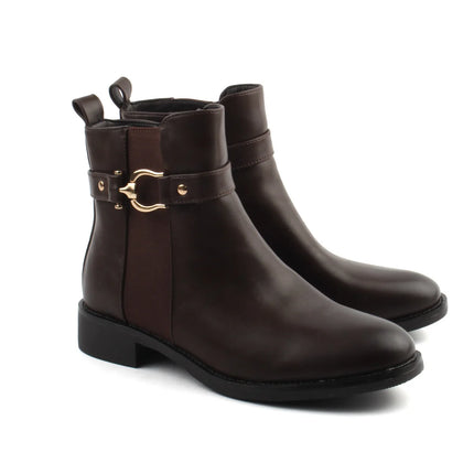Bel Chou's J130-63 Women's Dark Brown Low Heel Boots with Inner Zipper and Gold Buckle