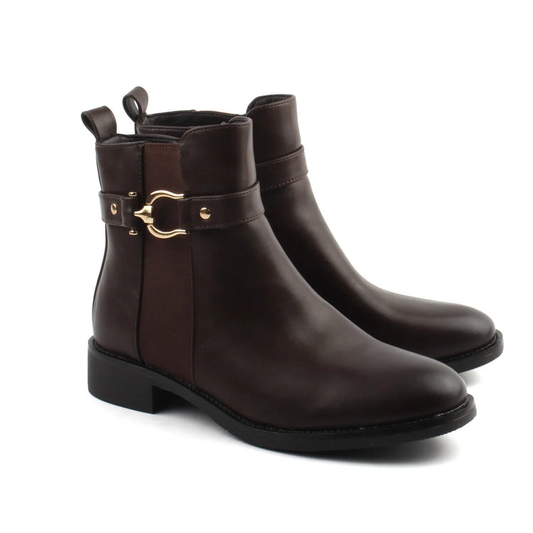 Bel Chou's J130-63 Women's Dark Brown Low Heel Boots with Inner Zipper and Gold Buckle