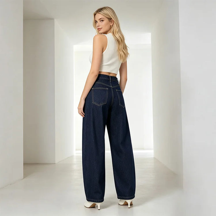 Women's High-Waisted, Wide-Leg, Raw Dark Blue Denim Jeans, Trendy Loose-Fitting and Body-Hugging Fit, Durable Anti-Deformation Fabric That Enhances the Silhouette, Urban Casual Streetwear Style, Comfortable Versatile Pants, F