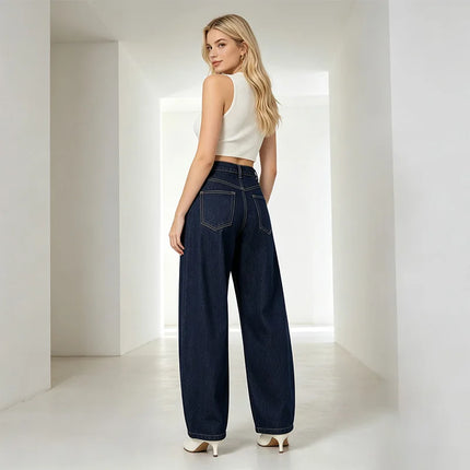 Women's High-Waisted, Wide-Leg, Raw Dark Blue Denim Jeans, Trendy Loose-Fitting and Body-Hugging Fit, Durable Anti-Deformation Fabric That Enhances the Silhouette, Urban Casual Streetwear Style, Comfortable Versatile Pants, F