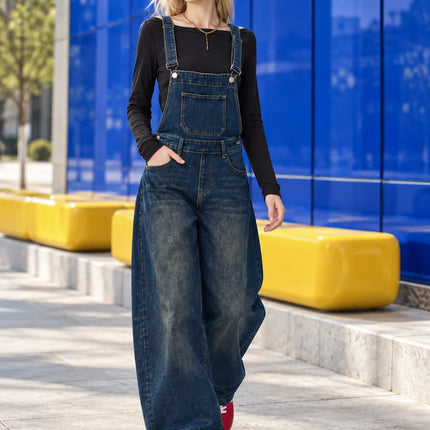 Women's Trendy Vintage Wash Balloon-Leg Denim Overalls, Adjustable Suspenders, Loose-Fitting Pants with Practical Pockets That Flatter the Figure, Urban Casual Streetwear Style, Durable Denim Fabric, Ideal for Spring and Autu