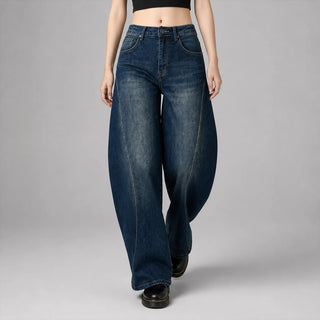 Women’s high-waisted bootcut vintage-wash jeans, cuffed-leg denim trousers with contoured stitching, Y2K streetwear casual fashion, sizes XS–XL sold individually FX5433