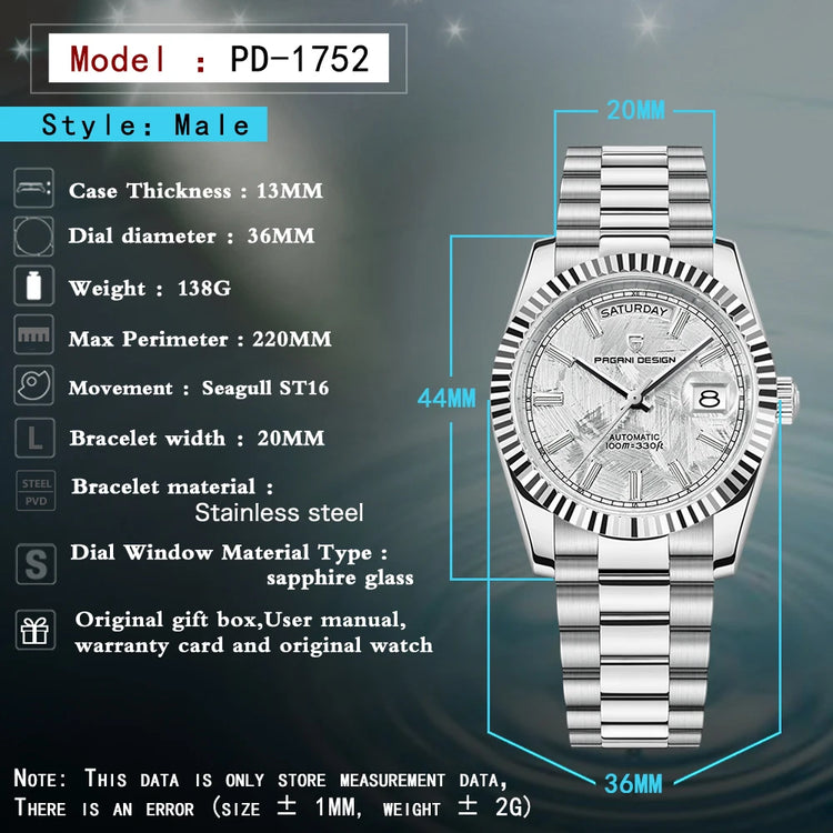Orologio di Lusso da Uomo PAGANI DESIGN D36, Automatico con Quadrante in Meteorite, Bracciale Meccanico, Vetro Zaffiro, Impermeabile, Spedizione Locale